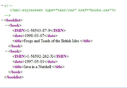 screenshot of Firefox displaying books.xml in XML display mode