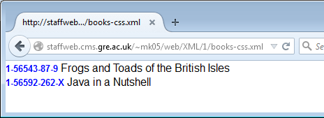 screenshot of browser displaying books.xml rendered with books.css